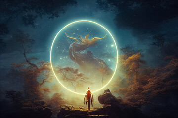 Wall Mural - abstract fantasy neon space landscape. star nebulae, month and moon, mountains, fog. unreal fantasy 