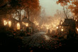 Leinwandbild Motiv Misty Cemetery with Lights in Mystical Autumn Old Small Town 3D Art Fantasy Illustration. Spooky Huts in Ghost Village Mysterious Halloween Background. Ominous Witch Street in Oldtown AI Generated Art