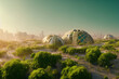 Futuristic Greenhouse Farming Outside the City Conceptual 3D Art Illustration. Green Eco Environmental Friendly Agricultural Farm Science Fiction Background. AI Neural Network Generated Art Wallpaper