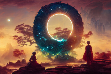 Wall Mural - abstract fantasy neon space landscape. star nebulae, month and moon, mountains, fog. unreal fantasy 