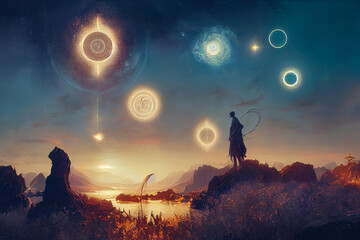 Wall Mural - abstract fantasy neon space landscape. star nebulae, month and moon, mountains, fog. unreal fantasy 