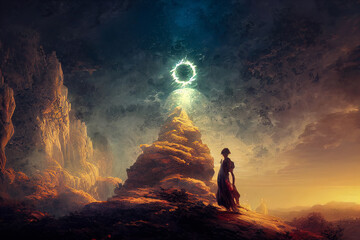 Wall Mural - abstract fantasy neon space landscape. star nebulae, month and moon, mountains, fog. unreal fantasy 
