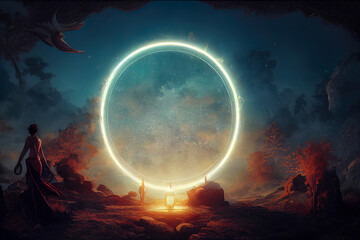 Wall Mural - abstract fantasy neon space landscape. star nebulae, month and moon, mountains, fog. unreal fantasy 