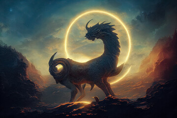 Wall Mural - abstract fantasy neon space landscape. star nebulae, month and moon, mountains, fog. unreal fantasy 