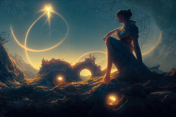 Wall Mural - abstract fantasy neon space landscape. star nebulae, month and moon, mountains, fog. unreal fantasy 