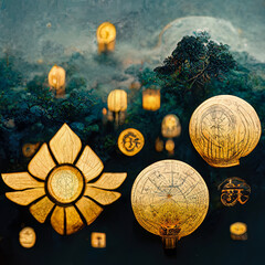 Wall Mural - abstract fantasy neon space landscape. star nebulae, month and moon, mountains, fog. unreal fantasy 