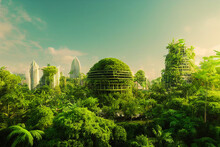 Environment Friendly Tropical Green Utopia City 3D Art Illustration. Green Ecologic Sustainable Plant Covered Buildings Modern Background. Sustainability Concept AI Neural Network Generated Art Work