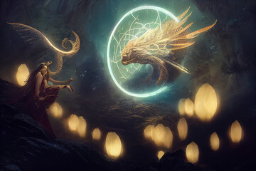 Wall Mural - abstract fantasy neon space landscape. star nebulae, month and moon, mountains, fog. unreal fantasy 