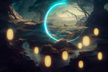 Wall Mural - abstract fantasy neon space landscape. star nebulae, month and moon, mountains, fog. unreal fantasy 