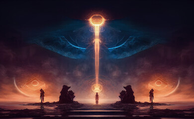 Wall Mural - abstract fantasy neon space landscape. star nebulae, month and moon, mountains, fog. unreal fantasy 