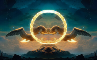 Wall Mural - abstract fantasy neon space landscape. star nebulae, month and moon, mountains, fog. unreal fantasy 