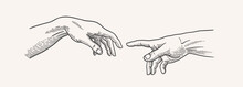 Human Brushes Pointing At Each Other In A Woodcut Style. Stylized Hands With Frescoes By Michelangelo For Your Design. Vector Vintage Illustration On A Light Background.