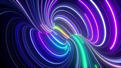 Wall Mural - 3d animation, abstract background, twisted shape with colorful neon lines and laser rays. Fantastic vortex of space and time strings glowing in the dark