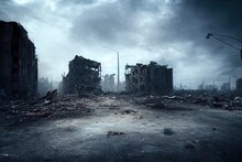 A Post-apocalyptic Ruined City. Destroyed Buildings, Burnt-out Vehicles And Ruined Roads. 3D Rendering