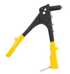 Hand riveter tool with yellow handles isolated on a white background