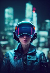 Portrait of a fictional futuristic female pilot in an aviation helmet and pilot's suit, against a background of neon lights. 3d rendering