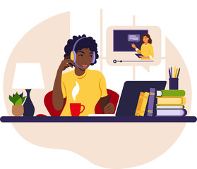 African girl study at computer. Online learning concept. Video lesson. Distance study. Can use for web banner, infographics, hero images.