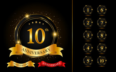 Set of anniversary logotype with golden text and ribbon. Golden anniversary celebration emblem design for booklet, leaflet, brochure, poster, web, invitation or greeting card. Vector illustration.