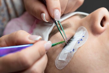 Eye lash extension procedure. Young beautiful woman eye with long false eyelashes. Close up macro shot of eyes in beauty salon. Beauty and fashion concept for Lash extensions master.