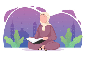 Wall Mural - muslim woman reading koran and plants