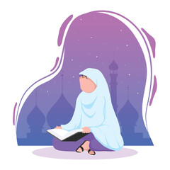 Wall Mural - muslim girl reading koran and mosque