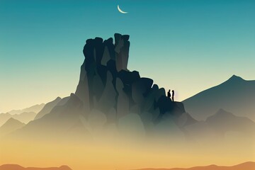 Poster - Silhouette of people on rock at beautiful mountain viewpoint, Views of mountain range from Tafilah Highway, Jordan,, 2d illustration, 2d style