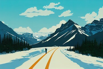 Wall Mural - road from banff to columbia icefield, banff national park, alberta, canada, anime style, cartoon sty