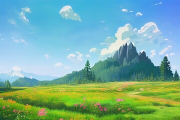 Wall Mural - Mountain meadow in summer landscape, anime cartoon style, drawing