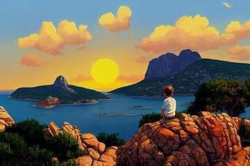 Sticker - Stunning view of a boy enjoying a beautiful sunset sitting on top of a mountain, Golfo Aranci, Sardinia, Italy,, toon style, cartoon style