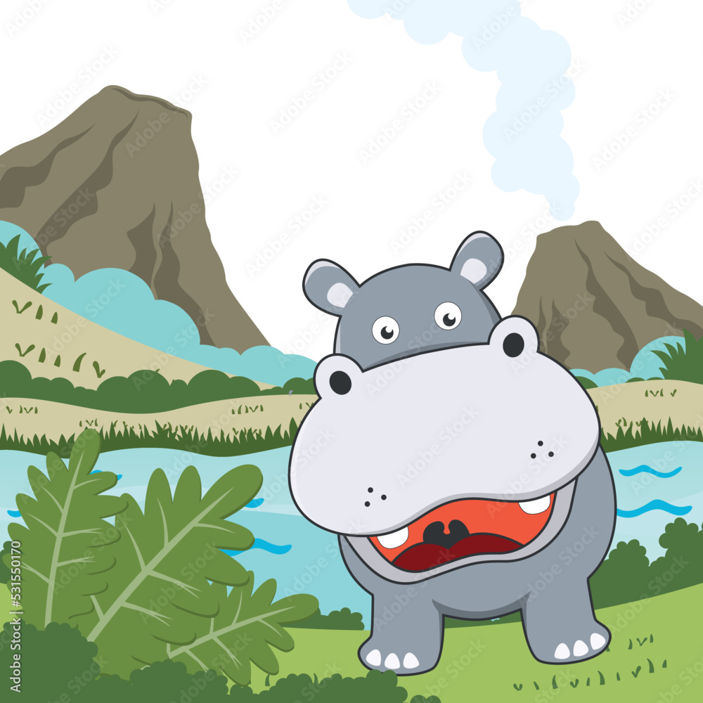 Vector cartoon illustration of cute little hippo play in jungle, T ...
