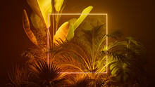 Cyberpunk Background Design. Tropical Leaves With Yellow And Orange, Square Shaped Neon Frame.
