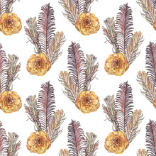 Seamless Pattern Watercolor Boho Bouquet With Dry Flower And Fern Isolated On White Background. Hand-drawn Orange Beige Herbarium Plant For Wedding Celebration. Art For Wallpaper Wrapping, Decor