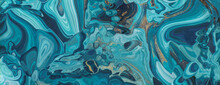 Liquid Swirls In Beautiful Teal And Blue Colors, With Gold Powder. Abstract Marbling Banner.
