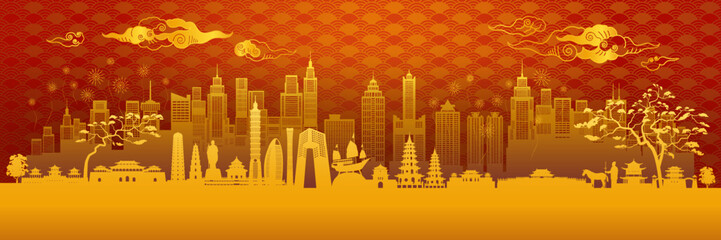 Travel landmarks China traditional silhouette architecture and chinese pattern background.