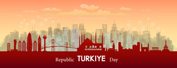 Wall Mural - Travel landmarks Turkiye with silhouette architecture background, Turkiye Day anniversary.