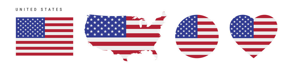 United States flag icon set. American pennant in official colors and proportions. Rectangular, map-shaped, circle and heart-shaped. Flat vector illustration isolated on white.