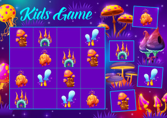 Aufkleber - Cartoon magic luminous mushrooms. Sudoku kids game worksheet. Children sudoku playing activity vector page template, educational riddle or kids puzzle game with fantasy mushroom, magic or alien fungi