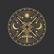 Occult esoteric pentagram, magic tarot ankh symbol with swords, vector circle. Pentagram symbol of alchemy, esoteric and occultism ritual with sun, moon in celestial planets circle and ritual daggers