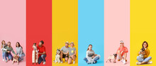 Set Of People With Their Dogs On Colorful Background