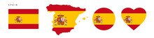 Spain Flag Icon Set. Spanish Pennant In Official Colors And Proportions. Rectangular, Map-shaped, Circle And Heart-shaped. Flat Vector Illustration Isolated On White.