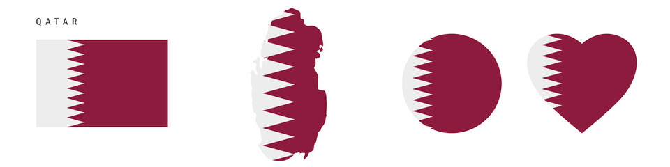 Qatar flag icon set. Qatari pennant in official colors and proportions. Rectangular, map-shaped, circle and heart-shaped. Flat vector illustration isolated on white.