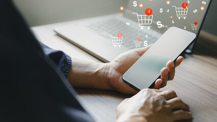 Poster - House husband using a smartphone order in online store, shopping on internet, concept mobile smart phone app.