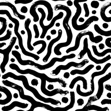 Organic Irregular Curved Lines Vector Seamless Pattern. Hand Drawn Curved And Wavy Lines With Dots. Fingerprint Or Bacteria Motif. Chaotic Ink Brush Scribbles Texture. Hand Drawn Black Brush Strokes. 