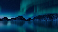 Green Aurora Lights Over Winter Terrain. Beautiful Northern Lights Banner With Copy-space.