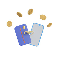 Poster - Mobile phone with credit card floating on blue background. Mobile banking and Online payment service. Saving money wealth and business financial concept. 3d icon render illustration
