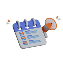 Poster - 3D Calendar checklist with megaphone notification. Event reminder. Minimal creative design. 3d icon render illustration