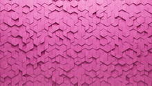 Pink, Semigloss Mosaic Tiles Arranged In The Shape Of A Wall. 3D, Futuristic, Blocks Stacked To Create A Diamond Shaped Block Background. 3D Render