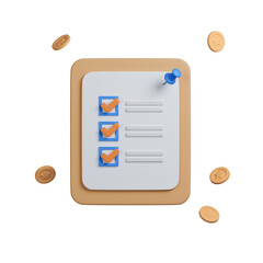 Poster - 3d checklist pin on clipboard surroud with coin. Planning and organization of work. notepad, project plan, Document in test form with check marks. 3d Rendering illustration.