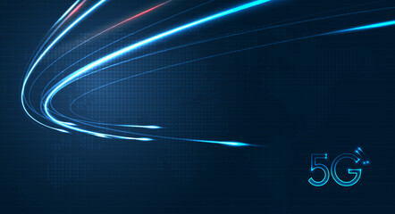 Fototapete - Blue light streak, fiber optic, speed line, futuristic background for 5g or 6g technology wireless data transmission, high-speed internet in abstract. internet network concept. vector design