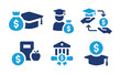 School fee icon set. Containing scholarship, student loan icon isolated on white background. Financial education concept.